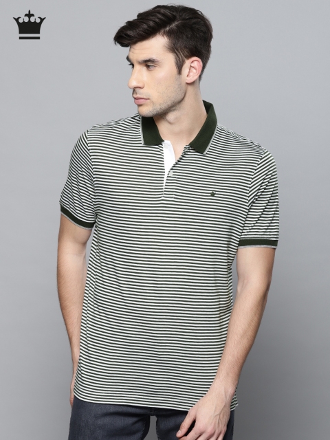 

Louis Philippe Men White Olive Green Striped Polo Collar Pure Cotton T-shirt