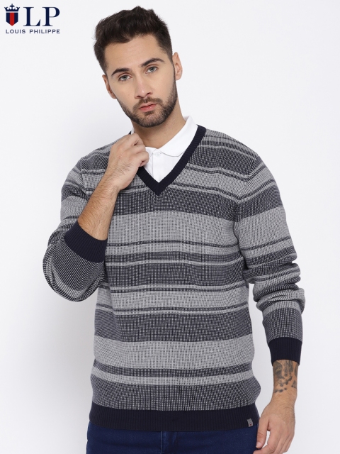 

Louis Philippe Sport Men Navy Blue & Grey Melange Striped Pullover