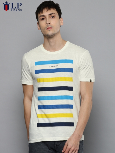 

Louis Philippe Jeans Men White & Blue Striped Round Neck T-shirt