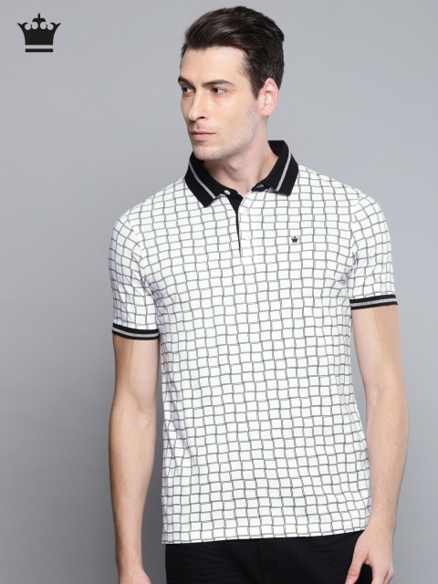 

Louis Philippe Men White & Black Tailored Fit Checked Polo Collar T-shirt