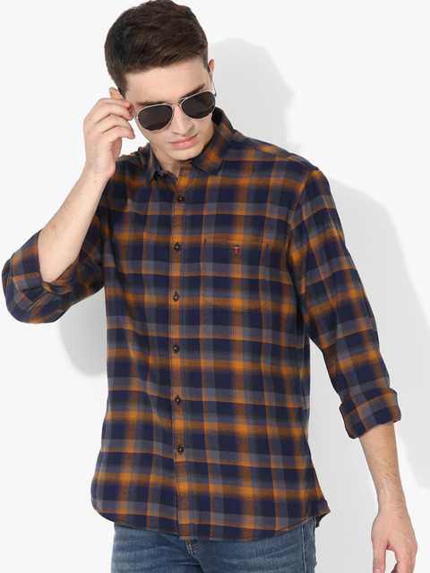 

Louis Philippe Jeans Men Navy Blue & Mustard Slim Fit Checked Casual Shirt