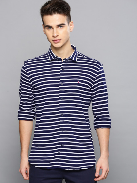 

Louis Philippe Sport Men Navy & White Slim Fit Striped Casual Shirt, Navy blue