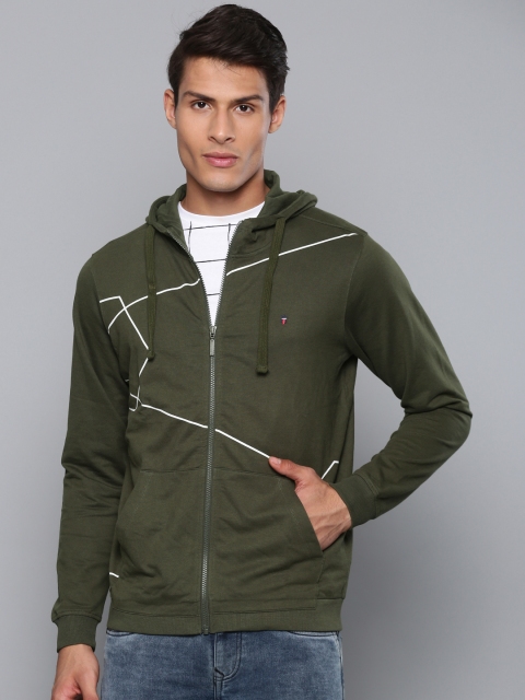 

Louis Philippe Jeans Men Olive Green Printed Hooded Sweatshirt