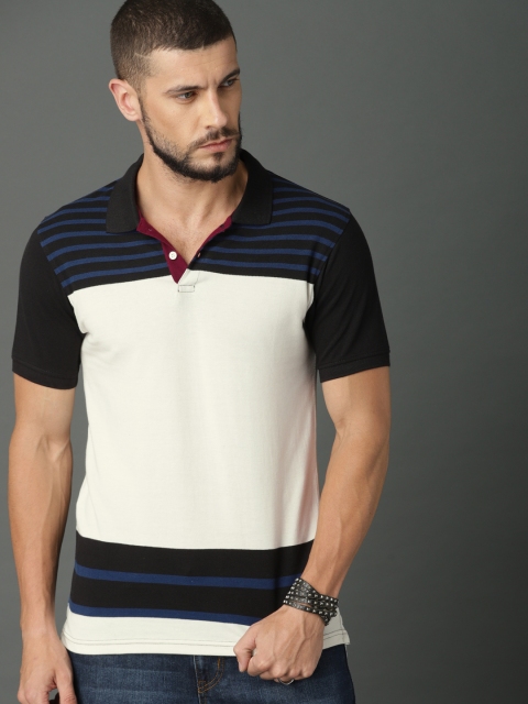 

Roadster Men Off-White & Black Colourblocked Polo Collar T-shirt