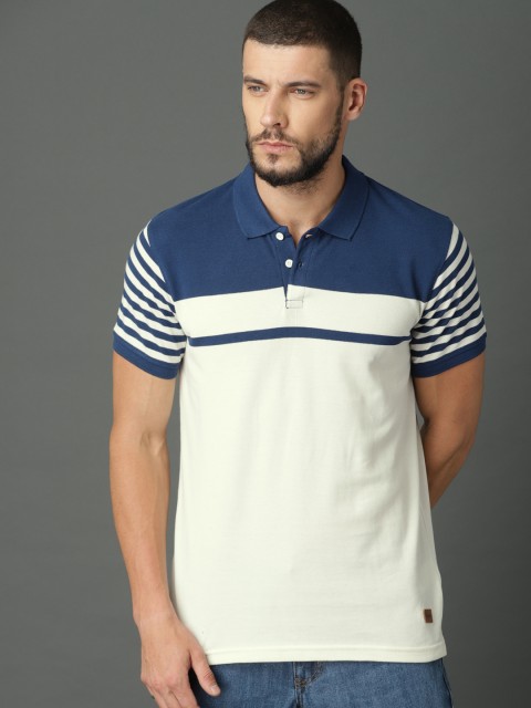 

Roadster Men Off-White Colourblocked Polo Collar T-shirt