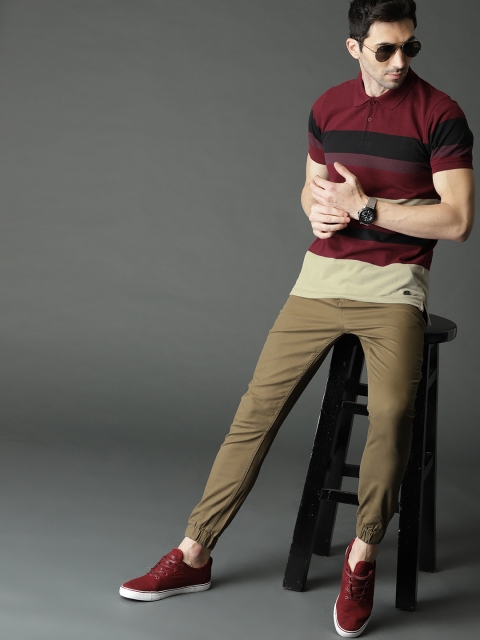 

Roadster Men Maroon Striped Polo Collar T-shirt