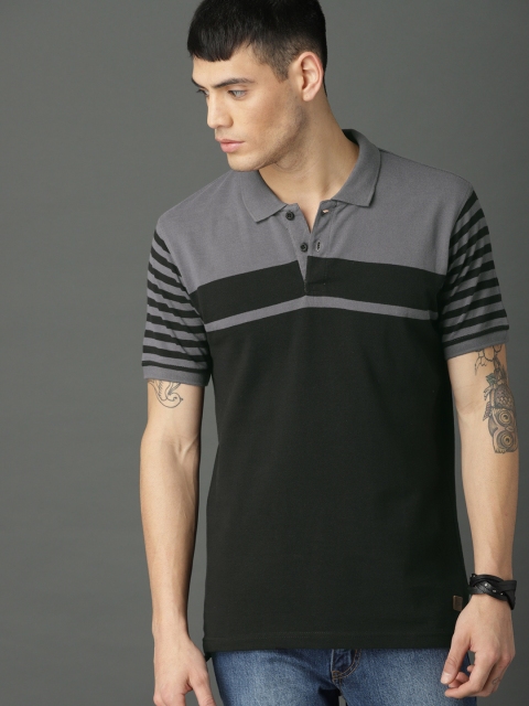 

Roadster Men Black & Grey Colourblocked Polo Collar T-shirt