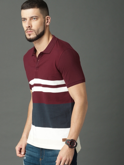 

Roadster Men Maroon & White Striped Polo Collar T-shirt