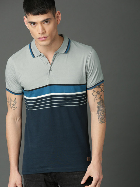 

Roadster Men Grey & Navy Blue Colourblocked Polo Collar T-shirt