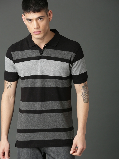 

Roadster Men Grey Striped Polo Collar T-shirt
