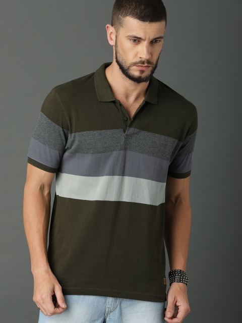 

Roadster Men Olive Green & Grey Colourblocked Polo Collar T-shirt