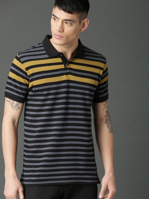 

Roadster Men Black Striped Polo Collar T-shirt