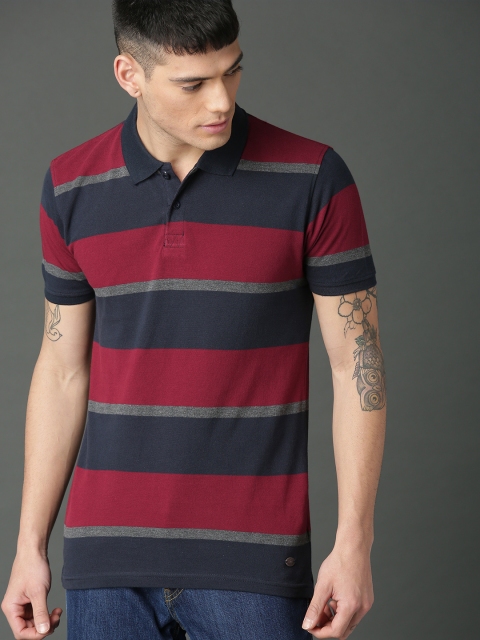 

Roadster Men Navy Blue & Maroon Striped Polo Collar T-shirt