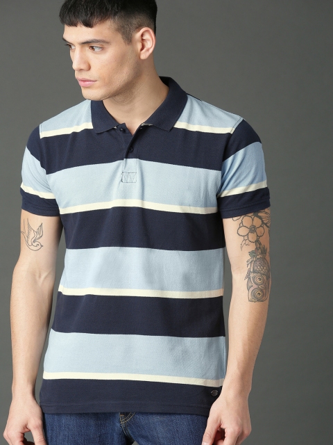

Roadster Men Blue Striped Polo Collar T-shirt