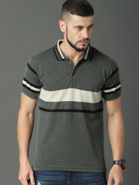 

Roadster Men Grey & Cream-Coloured Striped Polo Collar T-shirt