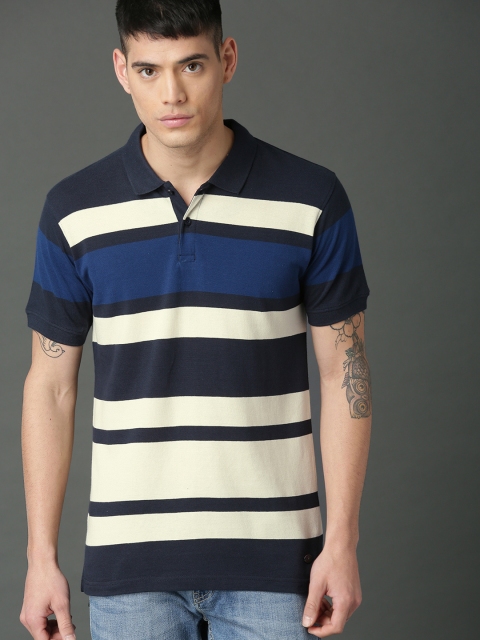 

Roadster Men Navy Blue & Cream-Coloured Striped Polo Collar T-shirt