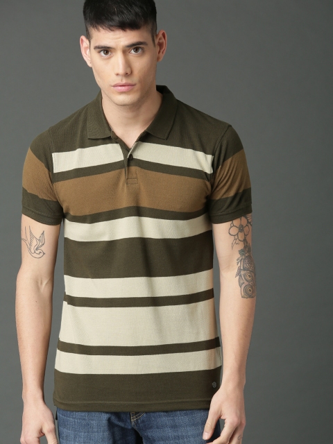 

Roadster Men Olive Green Striped Polo Collar T-shirt