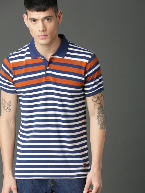 

Roadster Men Navy Blue & White Striped Polo Collar T-shirt