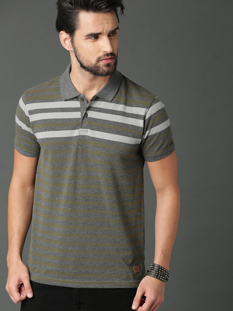 

Roadster Men Grey Striped Polo Collar T-shirt