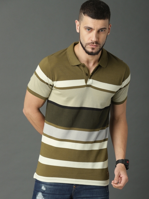

Roadster Men Olive Green & Cream-Coloured Striped Polo Collar T-shirt