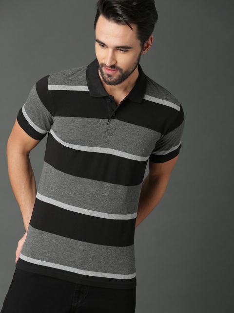 

Roadster Men Black Striped Polo Collar T-shirt