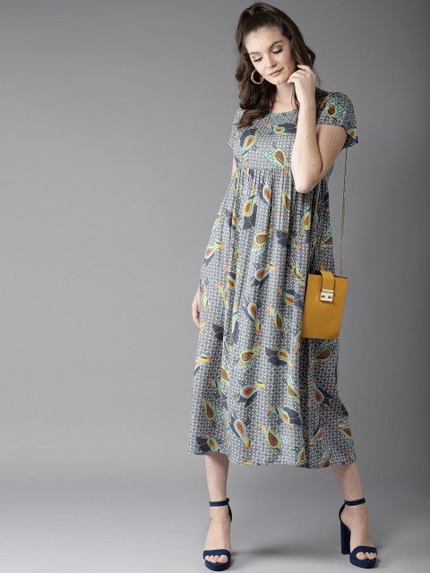 

HERE&NOW Women Grey & White Printed Midi Empire Dress