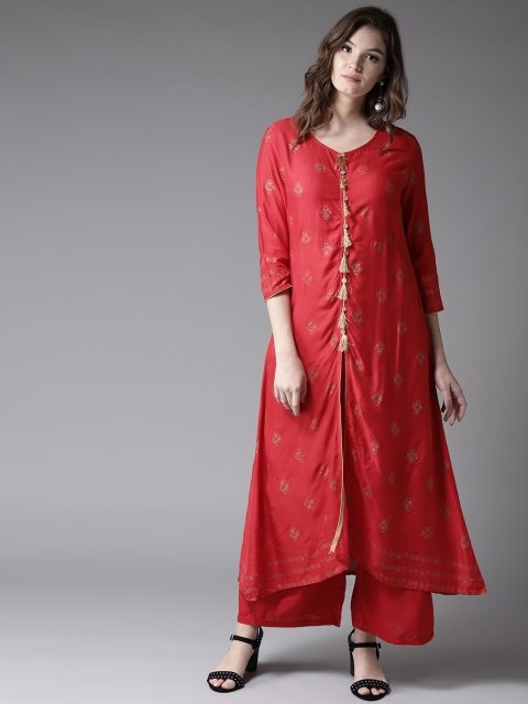 

HERE&NOW Women Red & Gold-Coloured Printed High-Slit A-Line Kurta