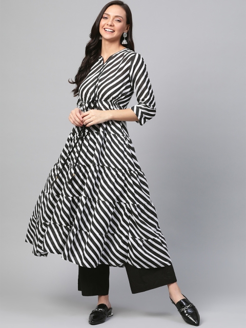 

HERE&NOW Women Black & White Striped Tiered Anarkali Kurta