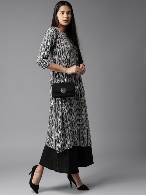 

HERE&NOW Women Black & Off-White Printed A-Line Kurta