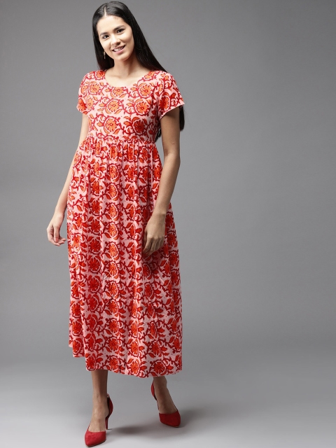 

HERE&NOW Women Off-White & Orange Printed Midi Empire Dress