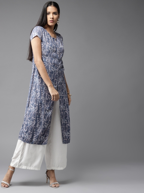 

HERE&NOW Women Blue Floral Print Straight Kurta