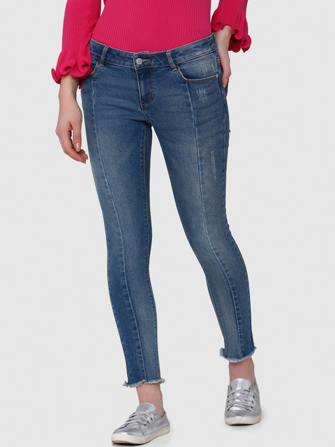 

Vero Moda Women Blue Mid-Rise Low Distress Stretchable Cropped Jeans