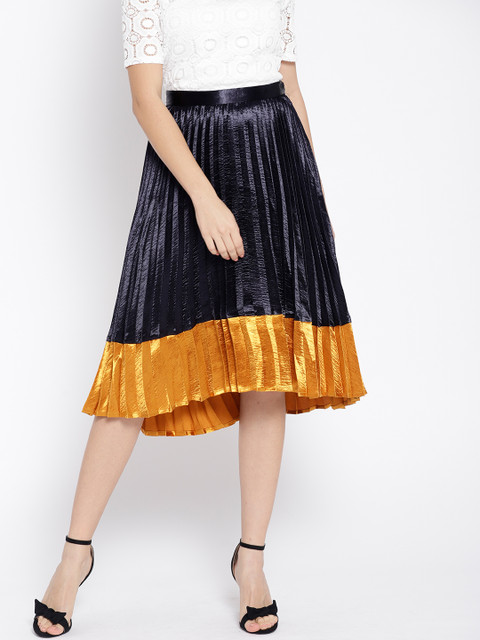 

Vero Moda Women Navy Blue Colourblocked Accordion Pleat A-Line Skirt
