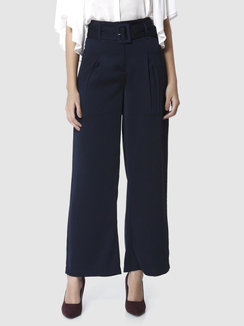 

Vero Moda Women Navy Blue Regular Fit Solid Parallel Trousers