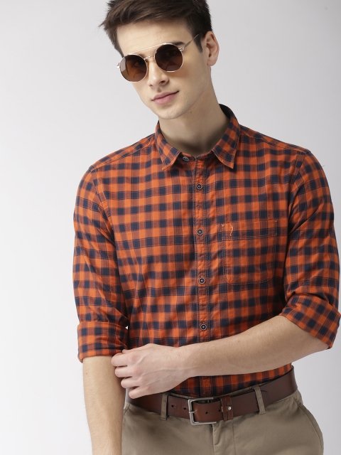

Indian Terrain Men Rust Orange & Navy Blue Chiseled Slim Fit Checked Smart Casual Shirt