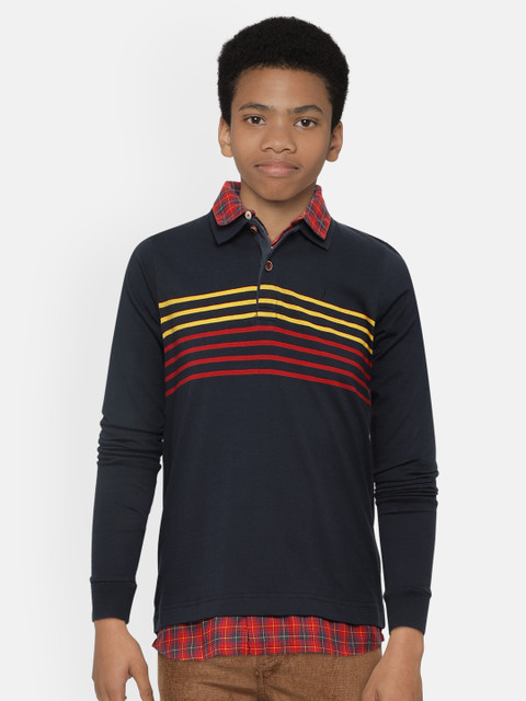 

Indian Terrain Boys Navy Blue Striped Pure Cotton Polo Collar T-shirt