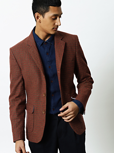 

Mr Bowerbird Men Brown & Red Checked Wool Gingham Single-Breasted Casual Blazer