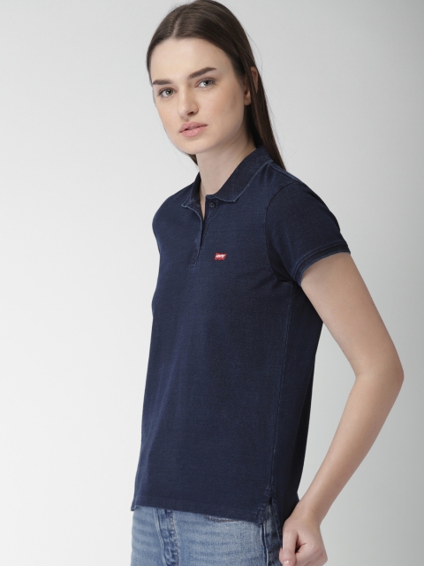 

Levis Women Navy Blue Solid Polo Collar Pure Cotton T-shirt