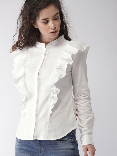 

Levis Women White Solid Ruffle Shirt Style Top