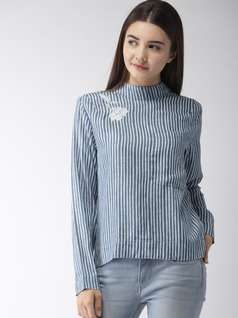

Levis Women Blue Striped High-Low Top