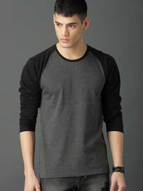 

Roadster Men Charcoal Grey & Black Striped Round Neck T-shirt