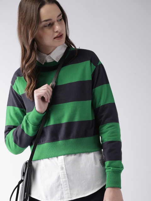 

Harvard Women Green & Navy Blue Striped Crop Sweatshirt