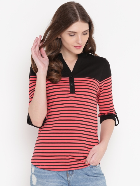 

GRITSTONES Women Coral Striped Henley Neck T-shirt