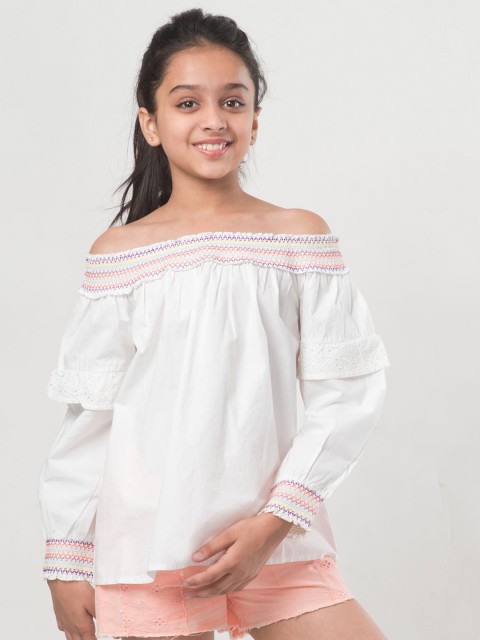 

Natilene Girls Off-White Solid Pure Cotton Top