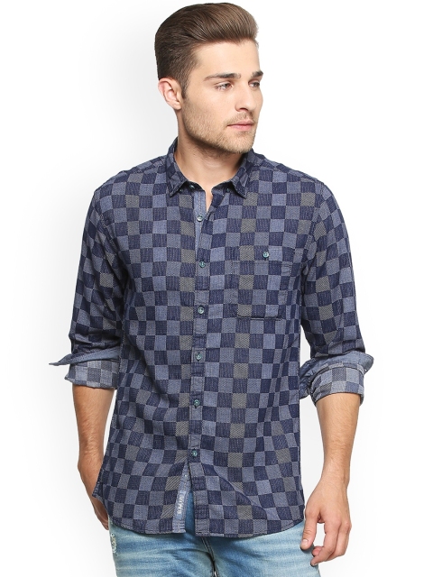 

People Men Navy Blue Regular Fit Checked Casual Shirt