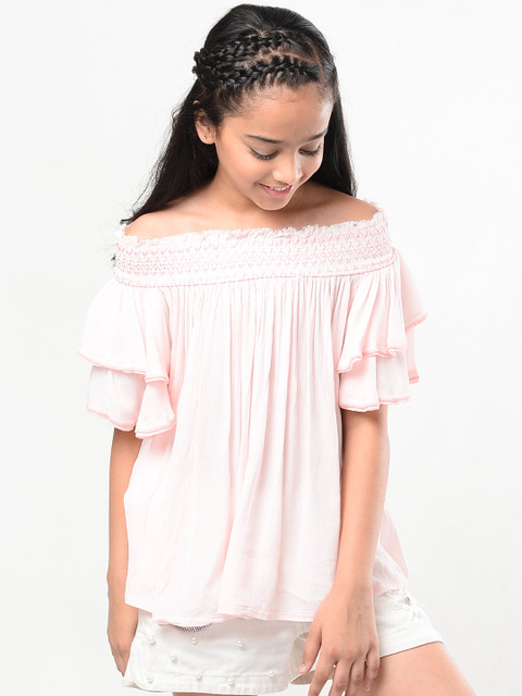 

Natilene Girls Peach-Coloured Solid Bardot Pure Cotton Top
