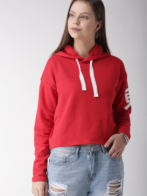 

FOREVER 21 Women Red Solid Hooded Sweatshirt