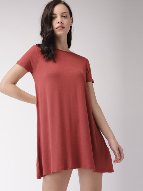

FOREVER 21 Women Rust Red Solid T-shirt Dress