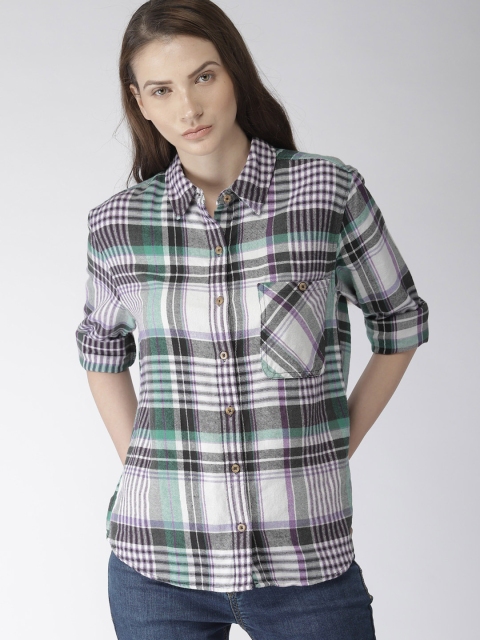 

FOREVER 21 Women White & Purple Regular Fit Checked Casual Shirt