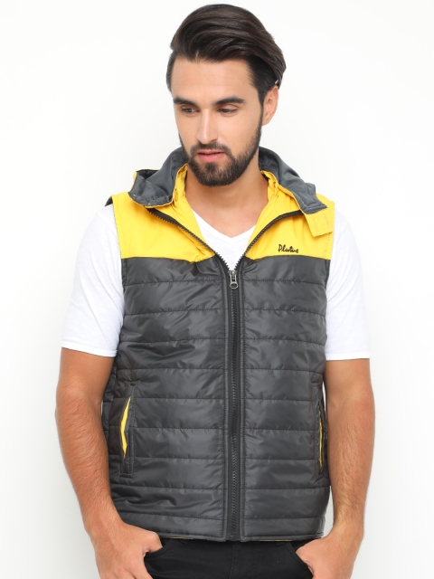 

Plutus Men Charcoal Grey & Yellow Colourblocked Lightweight Hooded Padded Jacket